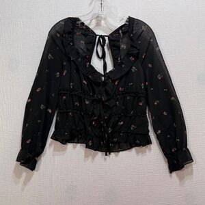 Tinsel Town Floral Ruffle Blouse Womens XL Black Sheer Tie Front Open Back Goth‎